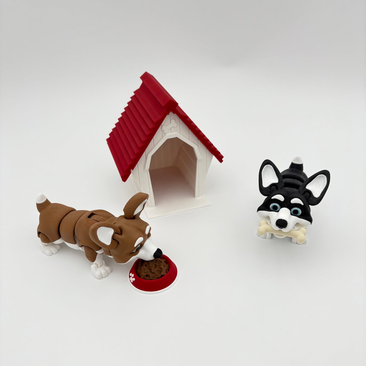 3D Printed Corgi Dog Set – Cute Miniature Figurines with Bone, Bowl & Dog House