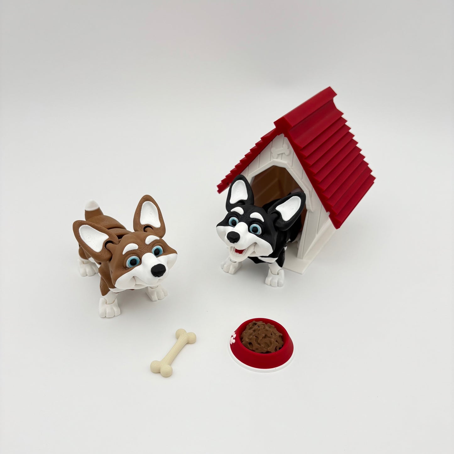 3D Printed Corgi Dog Set – Cute Miniature Figurines with Bone, Bowl & Dog House