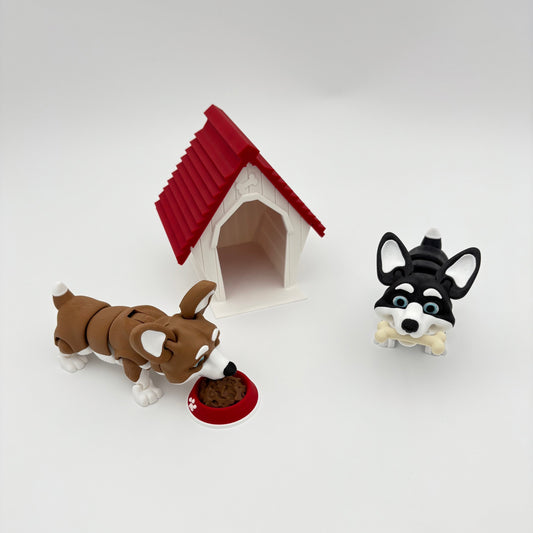 3D Printed Corgi Dog Set – Cute Miniature Figurines with Bone, Bowl & Dog House